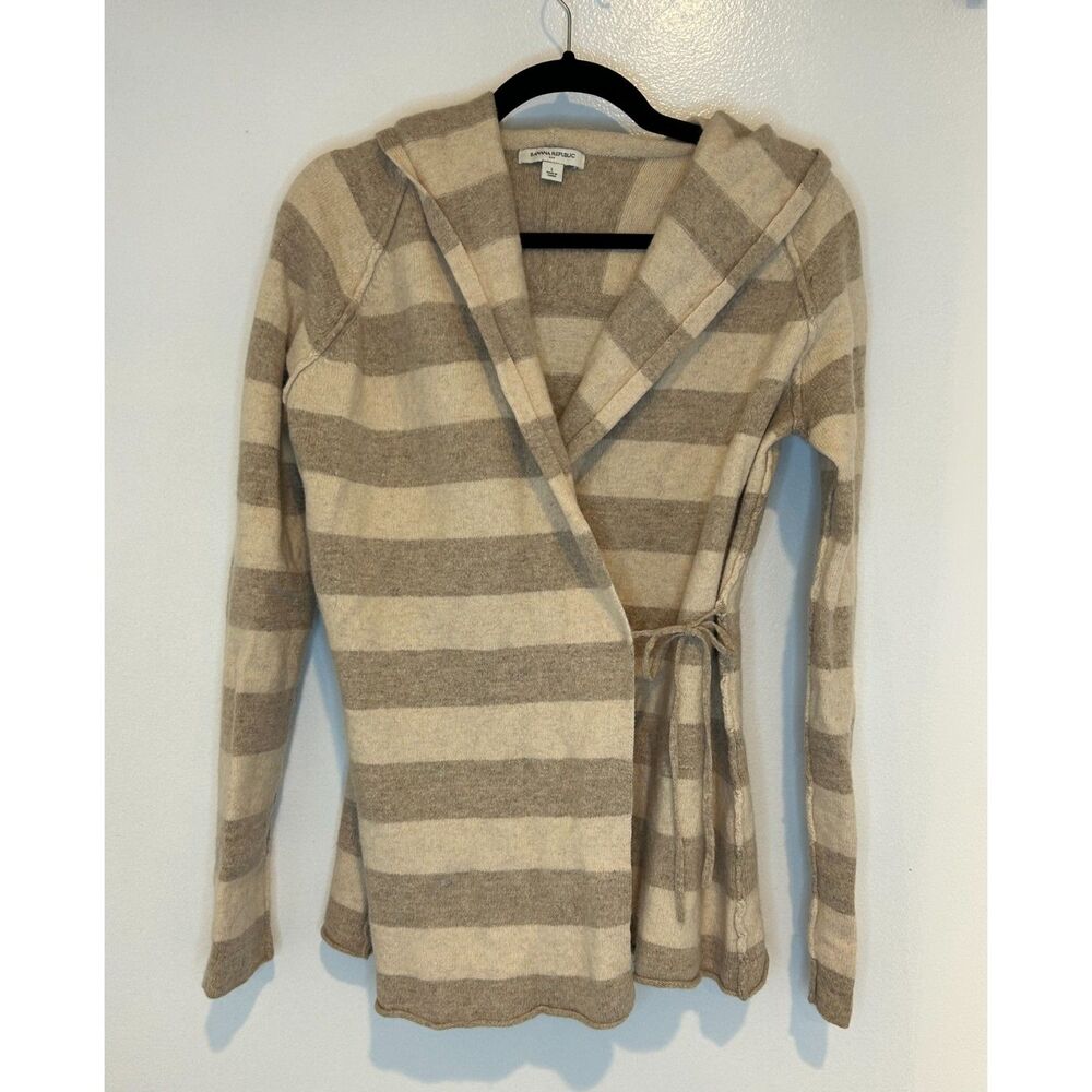 Banana Republic Lambswool Silk Cashmere Striped Hooded Wrap Cardigan Sweater L